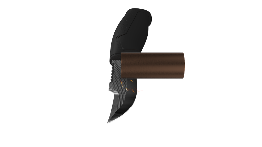 Filing a copper pipe with the file on the blade
